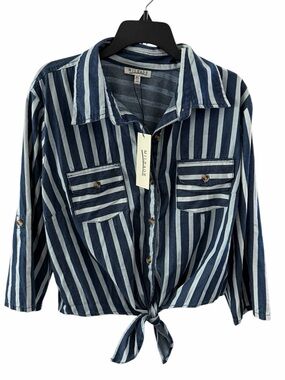 Mileage Blue & White Striped Tie-Front Button Down Shirt